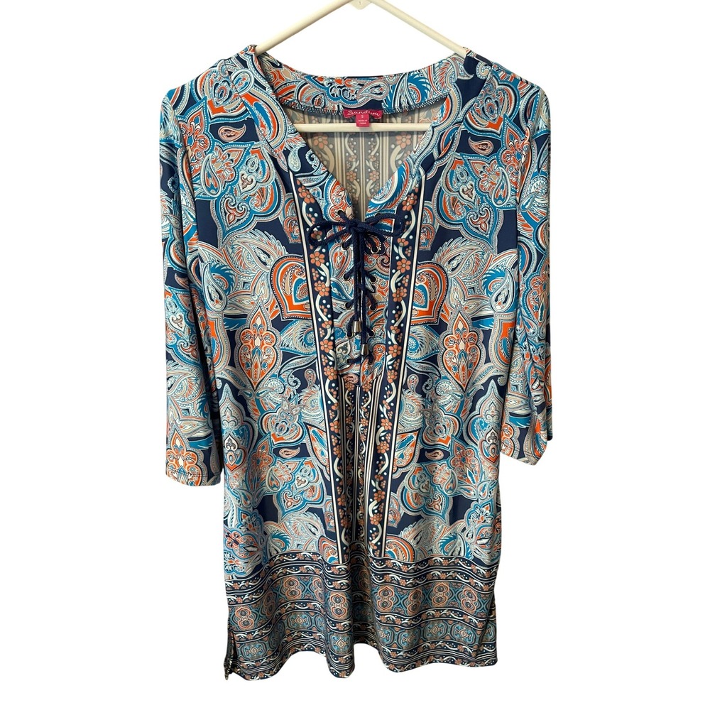Sandiva Womens Paisley Tunic Top Blue Orange Lace Up V-Neck 3/4 Sleeve Small